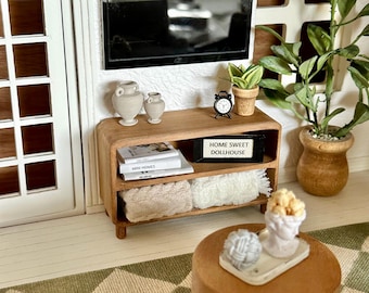 dollhouse miniature faux wooden media center entertainment center tv stand console; 1:12 scale living room doll furniture