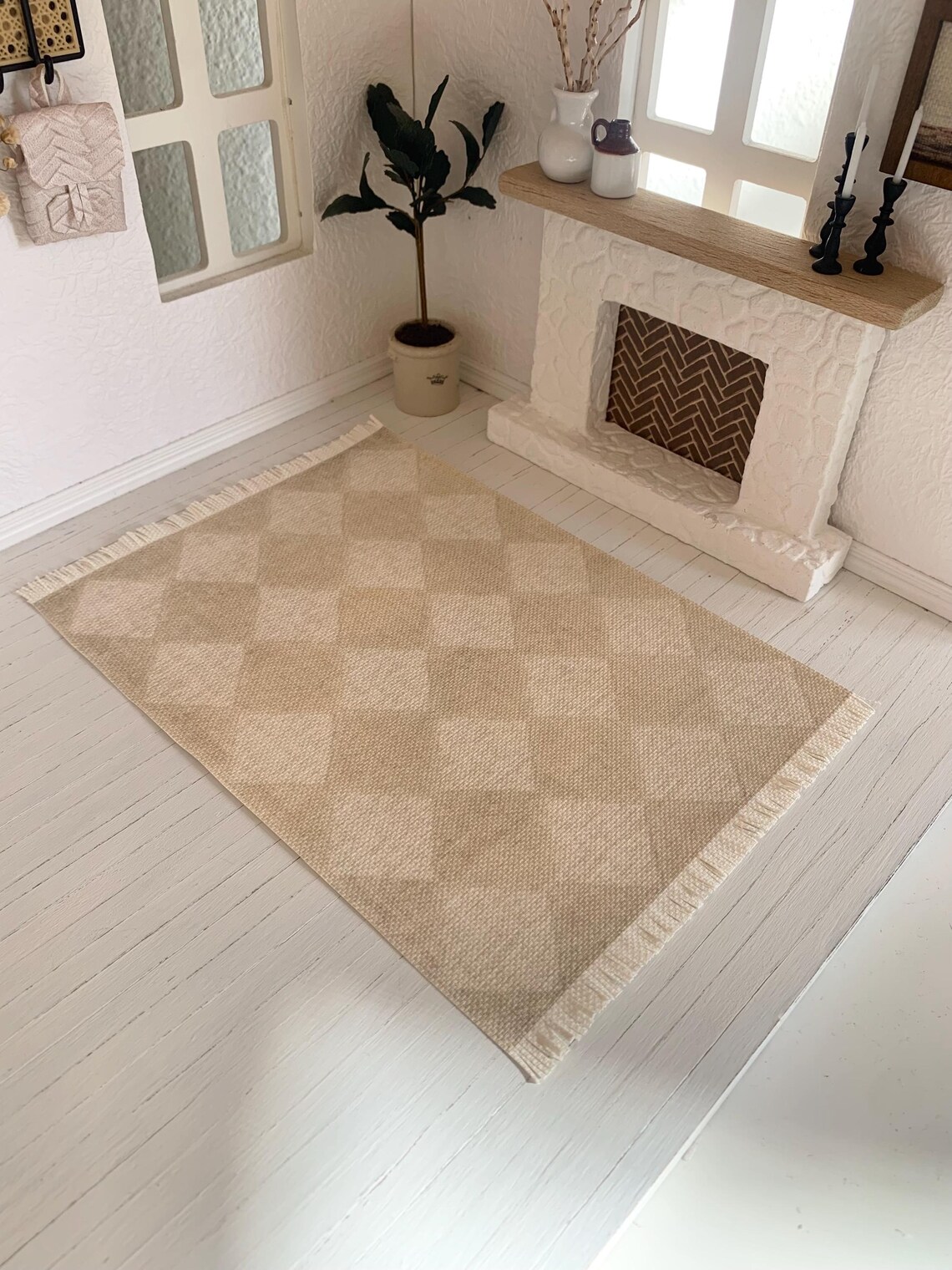 Frayed Rugs Dollhouse Miniature Rug: Frayed Edge Cream & Tan Checkered Canvas - Etsy