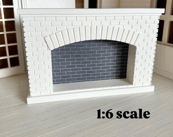 Dollhouse 1:6 Barbie Scale miniature white fireplace; Barbie living room fireplace furniture
