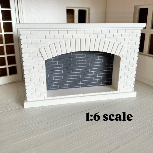 Dollhouse 1:6 Barbie Scale miniature white fireplace; Barbie living room fireplace furniture