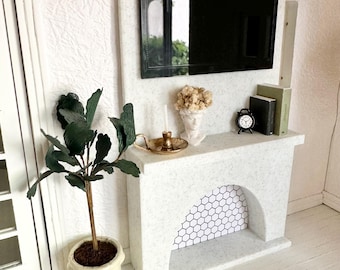 Dollhouse miniature arched marble fireplace with hexagon firebox opening and mantel for styling