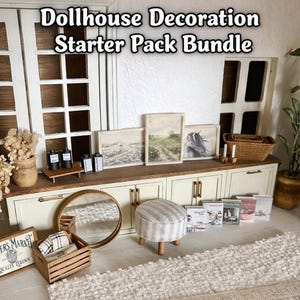 May include: A dollhouse decoration starter pack bundle featuring miniature furniture, framed art, and decorative items. Includes a striped ottoman, a wooden crate, and small books. The text "Dollhouse Decoration Starter Pack Bundle" is visible.