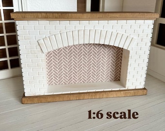 Dollhouse 1:6 Barbie Scale miniature shabby chic white fireplace with faux wood mantle; Barbie sized fireplace living room furniture