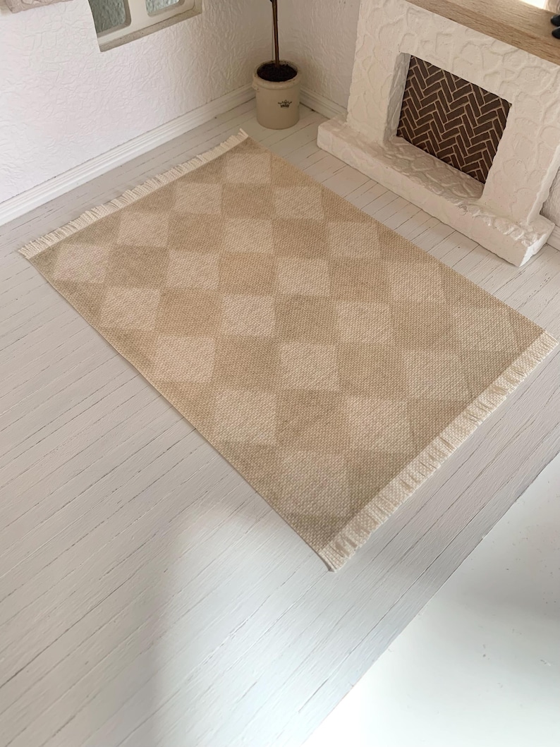 Frayed Rugs Dollhouse Miniature Rug: Frayed Edge Cream & Tan Checkered Canvas - Etsy
