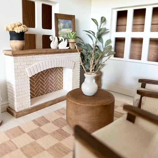 Dollhouse miniature shabby chic white fireplace with faux wood mantle; 1:12 scale living room furniture