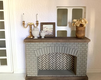 Dollhouse miniature faux brick fireplace; 1:12 scale mini fireplace for doll living room