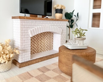 Dollhouse miniature faux brick marble faux wood fireplace; 1:12 scale living room doll furniture