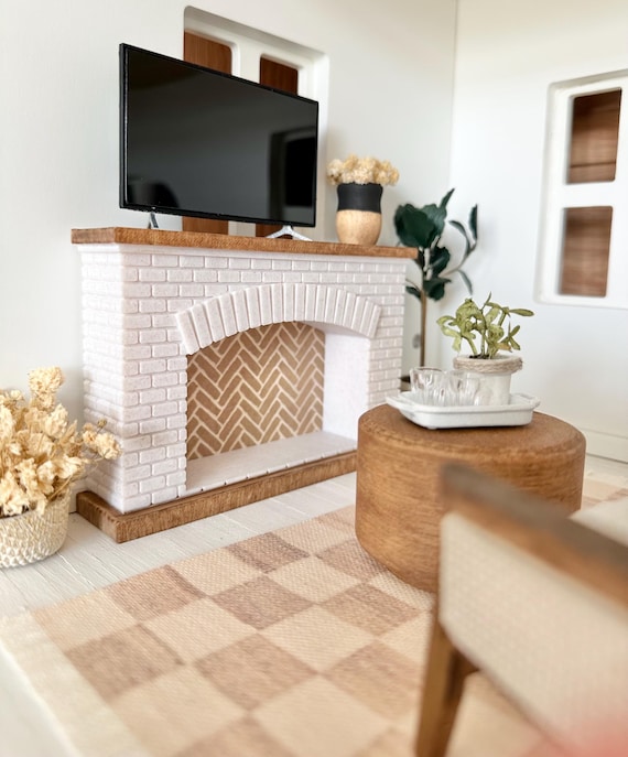 Dollhouse miniature faux brick marble faux wood fireplace; 1:12 scale living room doll furniture