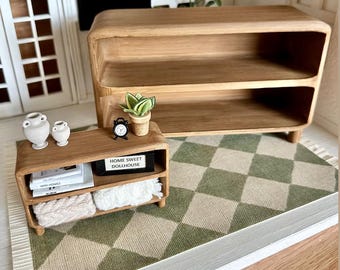dollhouse 1:6 Barbie scale miniature faux wooden arched media tv stand; Barbie living room furniture; Barbie sized media console
