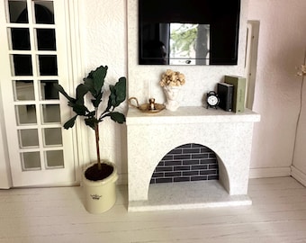 Dollhouse Miniature Arched Marble Fireplace with Black Brick Firebox