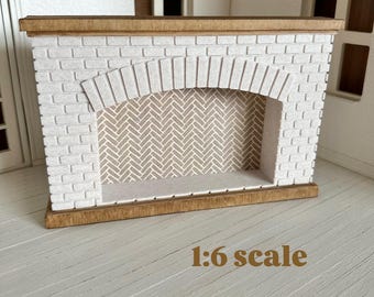 Dollhouse 1:6 scale Barbie miniature faux brick marble faux wood mantle fireplace; Barbie fireplace living room furniture for Barbie dolls