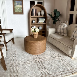 May include: Miniature living room scene with a light-colored sofa, chairs, and a round wooden coffee table. A small pot of white flowers sits on the table. A bookshelf and framed artwork are visible in the background. The rug has a plaid pattern.