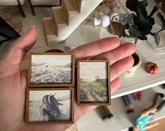 Dollhouse Miniature Framed Canvas Art: Farmhouse Decor, Set of 3; 4 frame color options