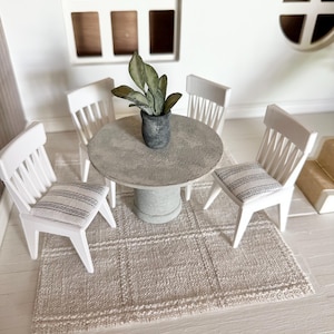 Dollhouse Minuature dining room faux marble table and white chairs set. mini kitchen table and 4 chairs set
