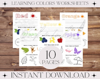 May include: A set of 10 printable worksheets for kids to learn colors. Each page features a different color, with a title, lines for writing, and images to color. The colors included are red, green, yellow, orange, and purple.
