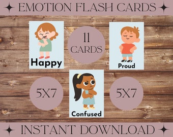 May include: A set of 11 printable emotion flash cards featuring cartoon illustrations of children expressing different emotions. The cards are 5x7 inches and are perfect for teaching children about emotions.