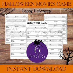 May include: Printable Halloween movie game with a spider and web design. The game has six pages and says "Happy Halloween" and "Halloween Movies Game".