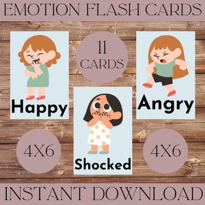 Cartões Flash de Emoção | aprendendo emoções | sentimentos cartões | expressando sentimentos cartão comemorativo | Cartões Flash | Ensino em casa | 4x6 | 11 cartas | Desenho animado |