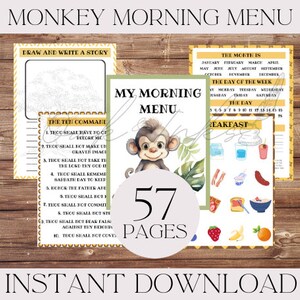 Monkey Morning menu | Preschool | Kindergarten | Homeschool | Morning activities | Digital download | Printable Morning breakfast |Busy book