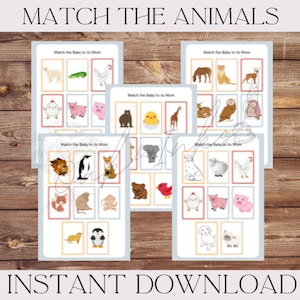 Matching animals | card game | Printable | Digital down | homeschool | teaching | Reading | Memorization | toddler | matching baby to mom