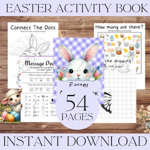 Puede incluir: Un libro de actividades de Pascua imprimible de 54 páginas que ofrece una variedad de actividades, que incluyen conectar los puntos, contar y un decodificador de mensajes. La portada presenta un lindo conejito con un fondo a cuadros morado y blanco.