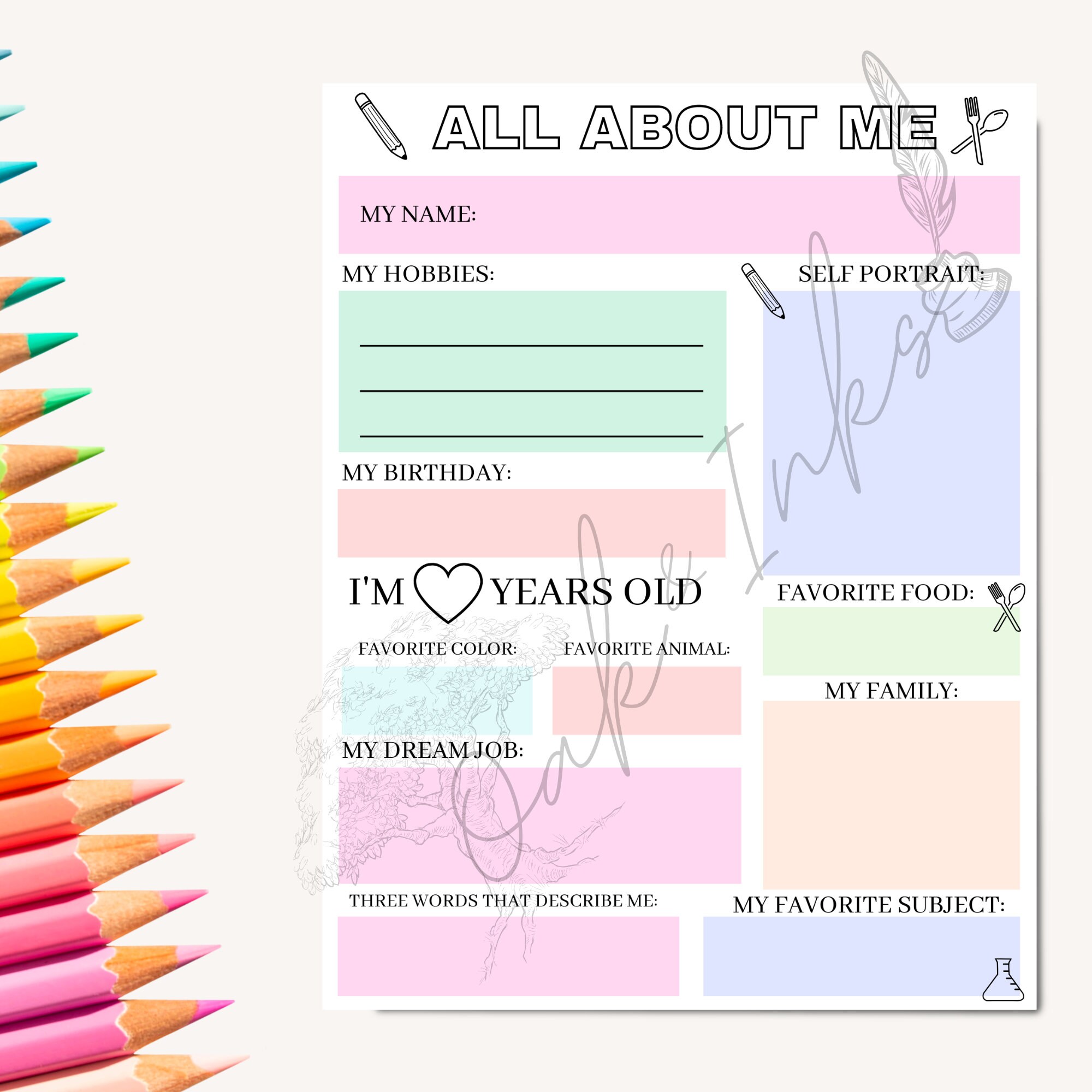 All About Me Worksheet | Colorful | Printable | Kindergarten | Favorite ...