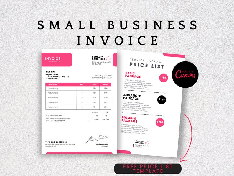 Editable Small Business Invoice Template: Pink Minimalist Design (canva ...