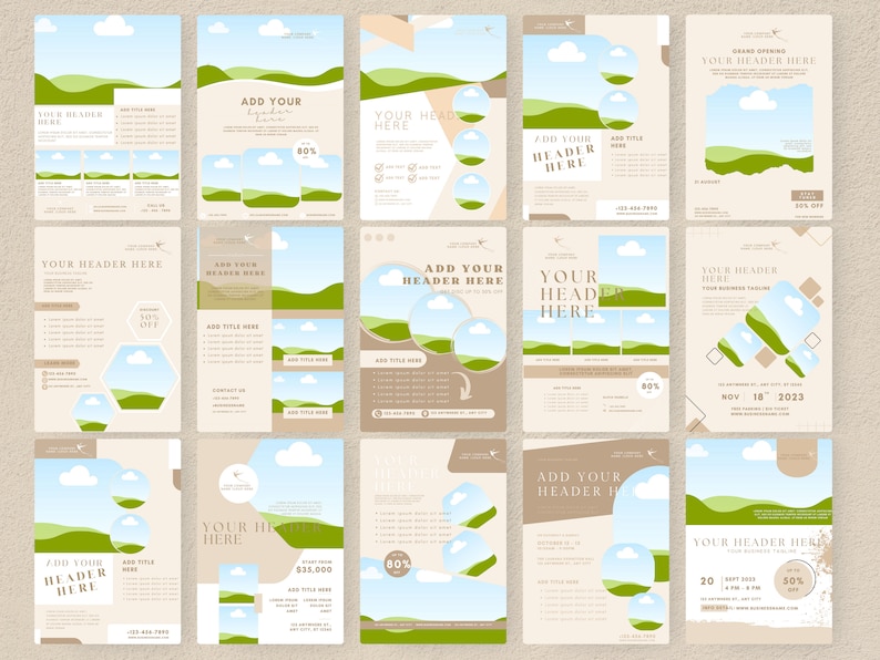 May include: A set of 12 flyer templates featuring a green and blue landscape with clouds. The flyers have text that says "Add Your Header Here" and "Your Header Here".