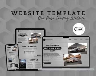 Puede incluir: Plantilla de sitio web para un negocio de alquiler, compra y venta de automóviles. La plantilla presenta un diseño en blanco y negro con imágenes de automóviles de lujo. El texto en el sitio web incluye "¿Necesitas alquilar, comprar o vender un automóvil?" y "¿Por qué elegirnos?"