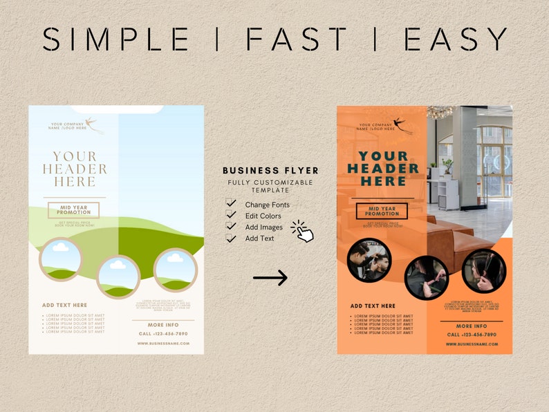 May include: A business flyer template with a green and blue landscape on the left and a salon interior on the right. The flyer is customizable with different fonts, colors, images, and text. The text on the flyer says "Your Header Here" and "Mid Year Promotion".