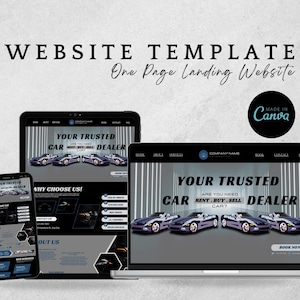 Op de afbeelding: Website-sjabloon voor een autodealer. De sjabloon heeft een zwart en zilver ontwerp met een grote afbeelding van een auto. De tekst "Uw vertrouwde autodealer" wordt weergegeven in vetgedrukte letters. De sjabloon bevat ook een sectie voor "Waarom voor ons kiezen!" en "Over ons".