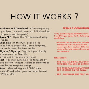 May include: A digital download guide for a Canva template. The guide explains how to purchase, download, open, edit, and save the template. The guide also includes terms and conditions for using the template.