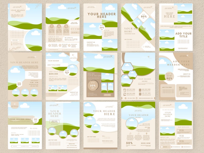 May include: A collection of 12 different flyer templates featuring a nature theme with green hills, blue skies, and white clouds. The flyers have text that says "Your Header Here" and "Add Your Title".