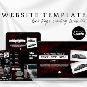 以下が含まれることがあります： レンタカー、購入、販売を行うビジネスのウェブサイトテンプレート。テンプレートは、高級車の画像と、黒と赤のカラーテーマを採用しています。ウェブサイトのテキストには、「車をレンタル、購入、販売する必要がありますか？」と「なぜ私たちを選ぶのですか？」と表示されています。