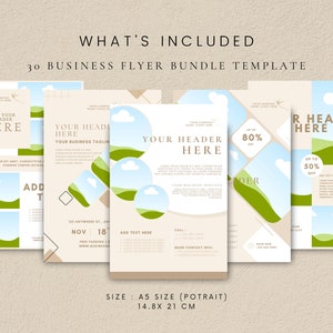 May include: A set of 30 business flyer templates with a nature theme. The flyers feature a green landscape with hills, clouds, and a blue sky. The text on the flyers includes "Add Your Header Here", "Your Header Here", and "Up to 50% Off". The flyers are designed in a modern style with geometric shapes and a minimalist color palette.