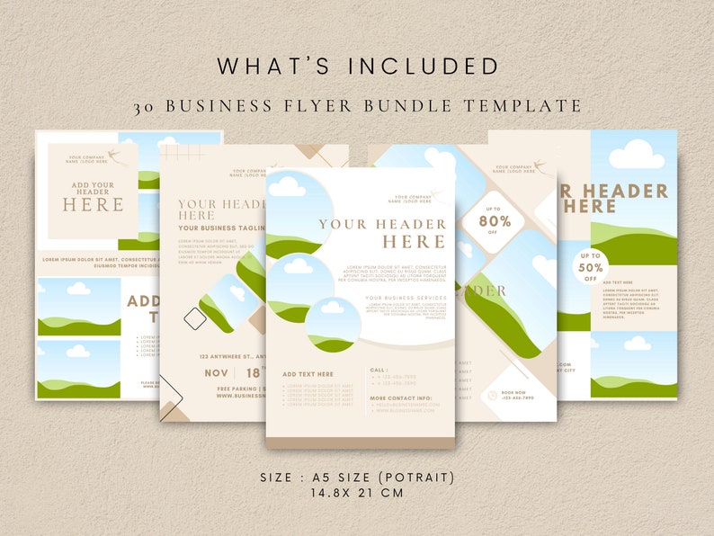 May include: A set of 30 business flyer templates with a nature theme. The flyers feature a green landscape with hills, clouds, and a blue sky. The text on the flyers includes "Add Your Header Here", "Your Header Here", and "Up to 50% Off". The flyers are designed in a modern style with geometric shapes and a minimalist color palette.
