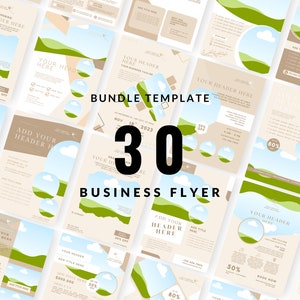 May include: A set of 30 business flyer templates featuring a landscape design with green hills, blue sky, and white clouds. The text "BUNDLE TEMPLATE 30 BUSINESS FLYER" is displayed in the center of the image.