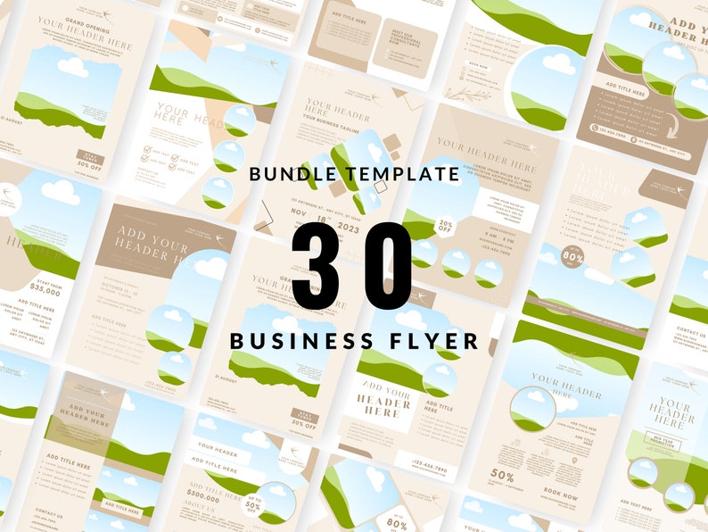 May include: A set of 30 business flyer templates featuring a landscape design with green hills, blue sky, and white clouds. The text "BUNDLE TEMPLATE 30 BUSINESS FLYER" is displayed in the center of the image.