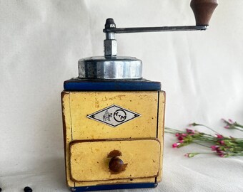 Antique KYM Coffee Grinder-Wooden Coffee Mill-Vintage Blue and Yellow painted-Coffee Collector-1950's Coffee Grinder-German Coffee Grinder