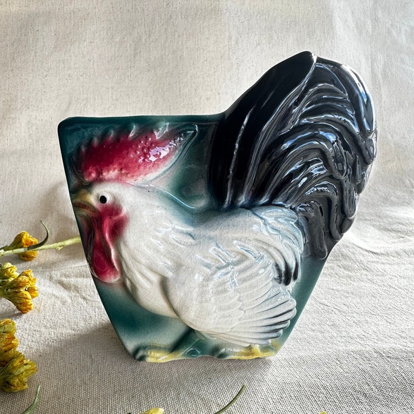 Royal Copley Chicken Pocket Vase-Wall Pocket Vase-Wal Mount Planter-Square-Farmhouse Decor-Rooster