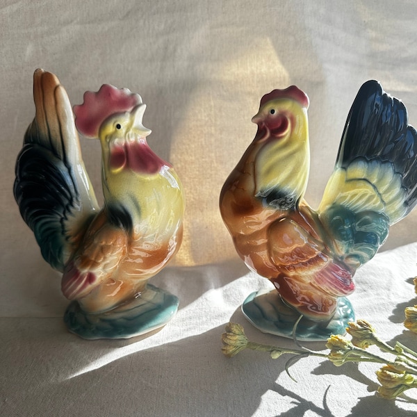 Royal Copley Rooster and Hen Figurine Set-Not Planter-Rooster and Chicken- Farmhouse Decor