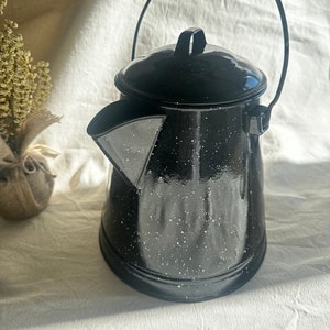 Vintage 1950&#39;s Dark Blue Enamel White Spotted Kettle-Large Coffee Pot-Antique Coffee Pot-Coffee Kettle