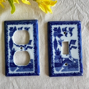 Blue Willow Outlet Cover } Blue and White Single Switch Cover and Double Outlet } Stoneware LCA Warranted { Vintage Switch Wall Plates }