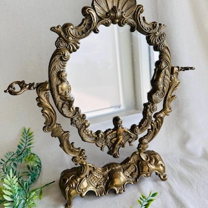 Antique French Cherub Vanity Table Top Oval Mirror } Brass Makeup Mirror } Baroque Rococo Style Gold Cast Metal Brass Pedestal Mirror }