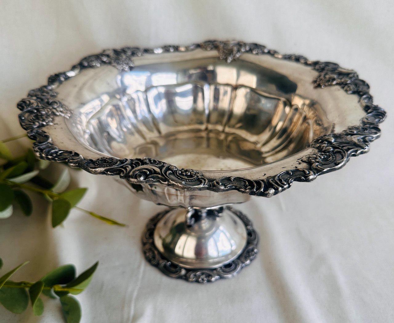 Vintage  Wallace Silver Baroque Pedestal Bowl with Ornate Flourishes } Circa 1940's }  Footed Silverplate Bowl } Silver Fruit Bowl } Compote