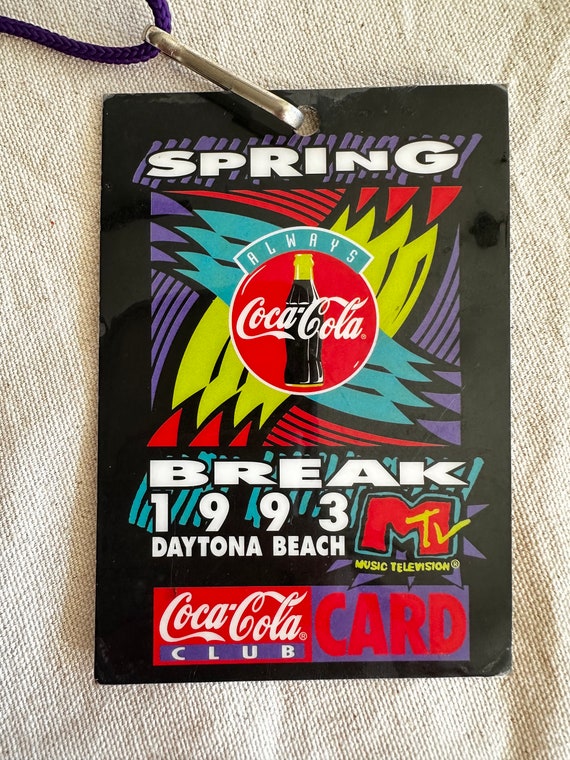 90sCoca-Colaコカコーラ1993ヴィンテージラグマット広告タペストリー Spring Break 1993 MTV Daytona Beach Coca-cola Club Card With