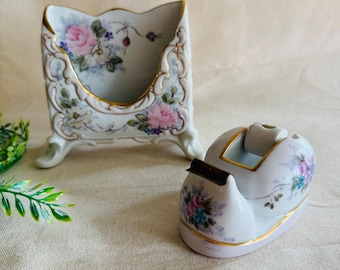 Vintage Hand Painted Porcelain Footed Letter Holder and Tape Dispenser } Pink Blue Roses with Gold Accents } Dresden Style Victorian Ornate}