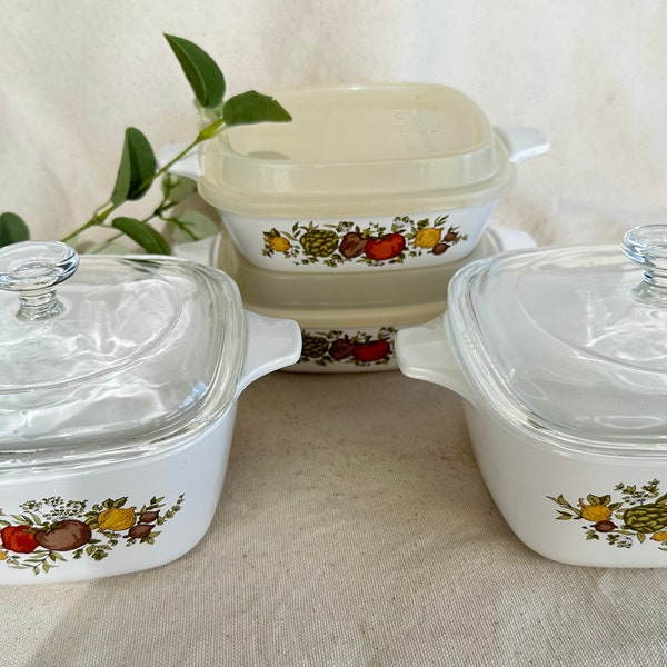 Spice of Life Corning Ware Set of 4 } 2 Small Casserole Dishes with Glass Lid } 2 Small Dishes with Plastic Lids } French Spice }