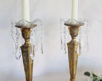 Antique Style Ornate Brass Candleholders Pair with Hanging Crystals } Victorian French Country Table Centerpiece }