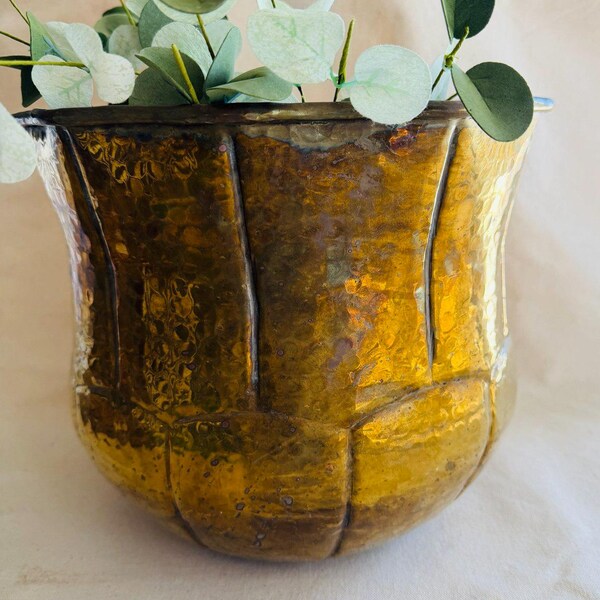 Large Vintage Round Tulip Shape Brass Planter Pot } English Country } Fluted Hammered Brass Cachepot } Golden Aged Patina Finish } Floor Pot